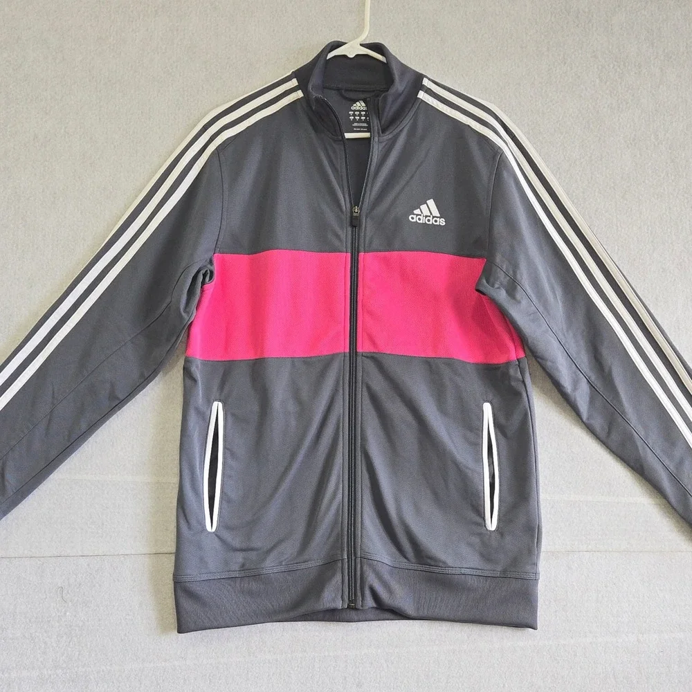 Adidas Track Jacket women Medium Grey Pink Stripe Full Zip 3-Stripe B#294